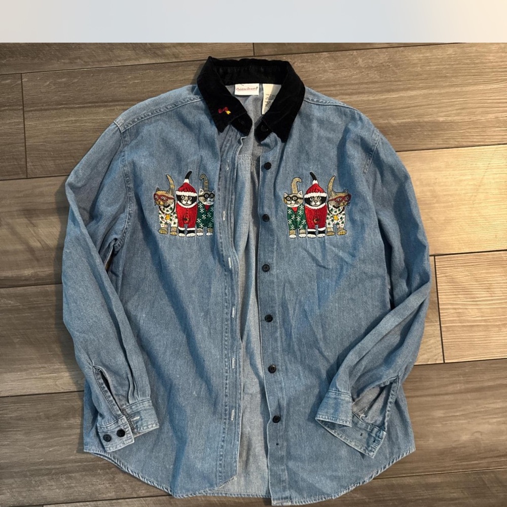 Bobbie Brooks Blue Denim Shirt with Santa and Cat Embroidery